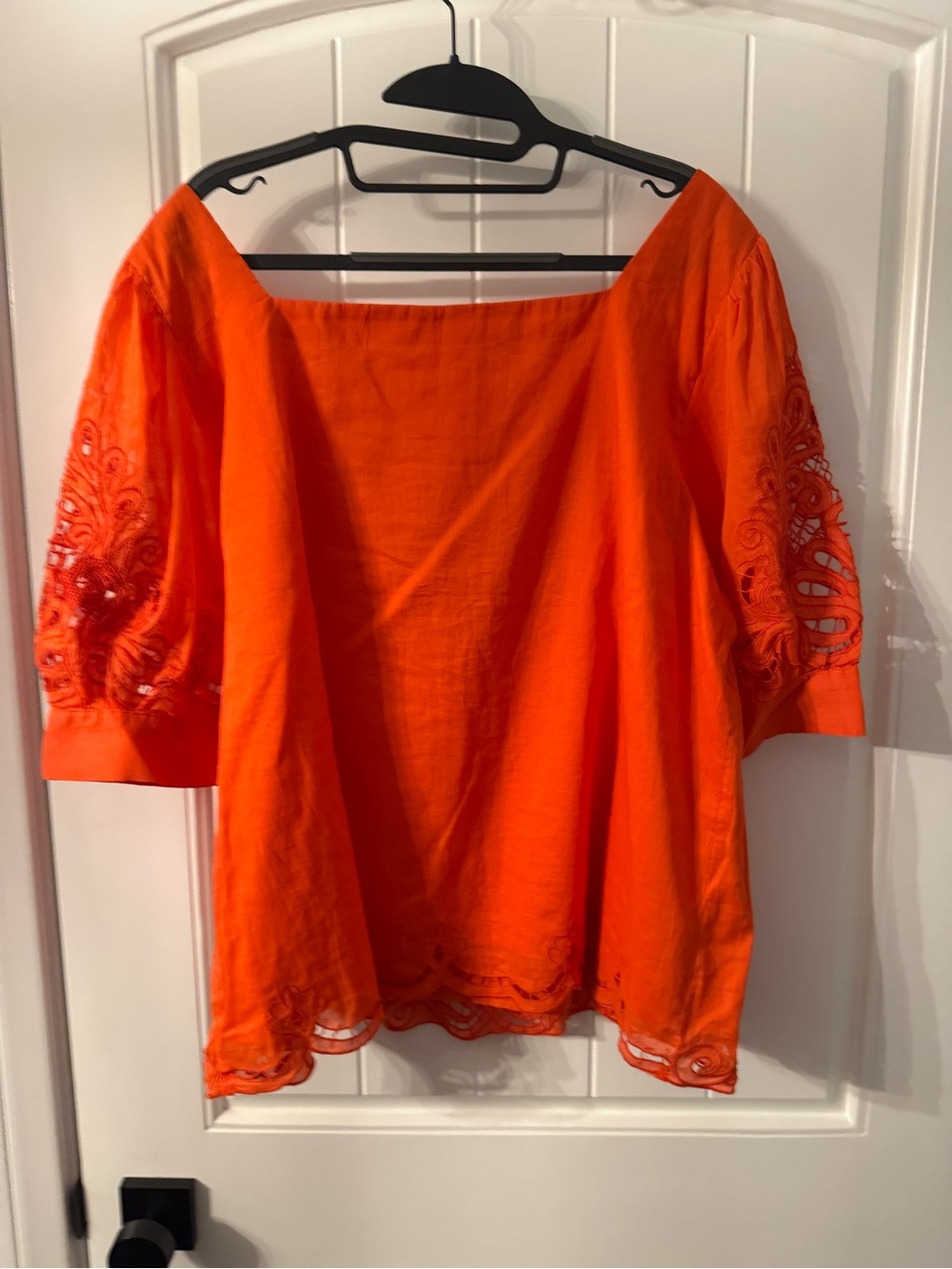 Anthropologie Bright Orange Embroidered Square-Neck Blouse